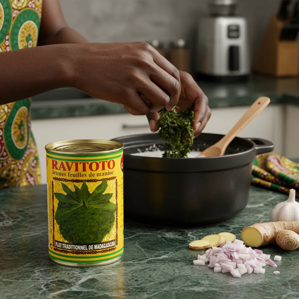 Préparation culinaire avec Ravitoto CODAL dans une cuisine, feuilles de manioc ajoutées à une marmite avec ail, gingembre et oignon.